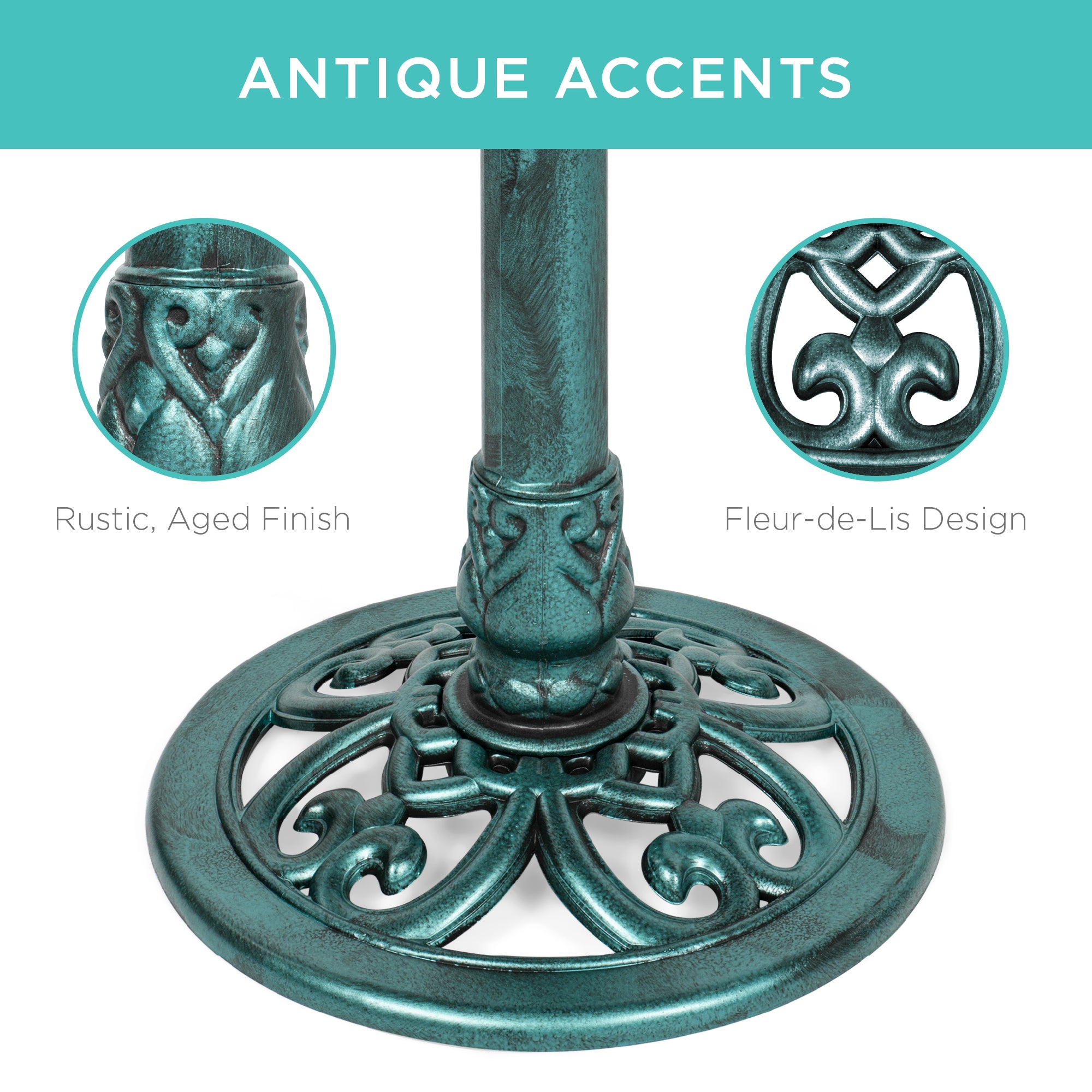 Outdoor Rustic Pedestal Bird Bath Accent for Garden, Yard w/ Fleur-de-Lis Accents Green
