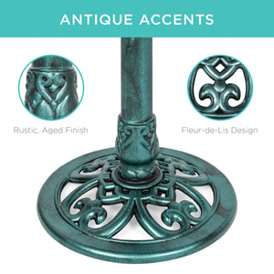 Outdoor Rustic Pedestal Bird Bath Accent for Garden, Yard w/ Fleur-de-Lis Accents Green