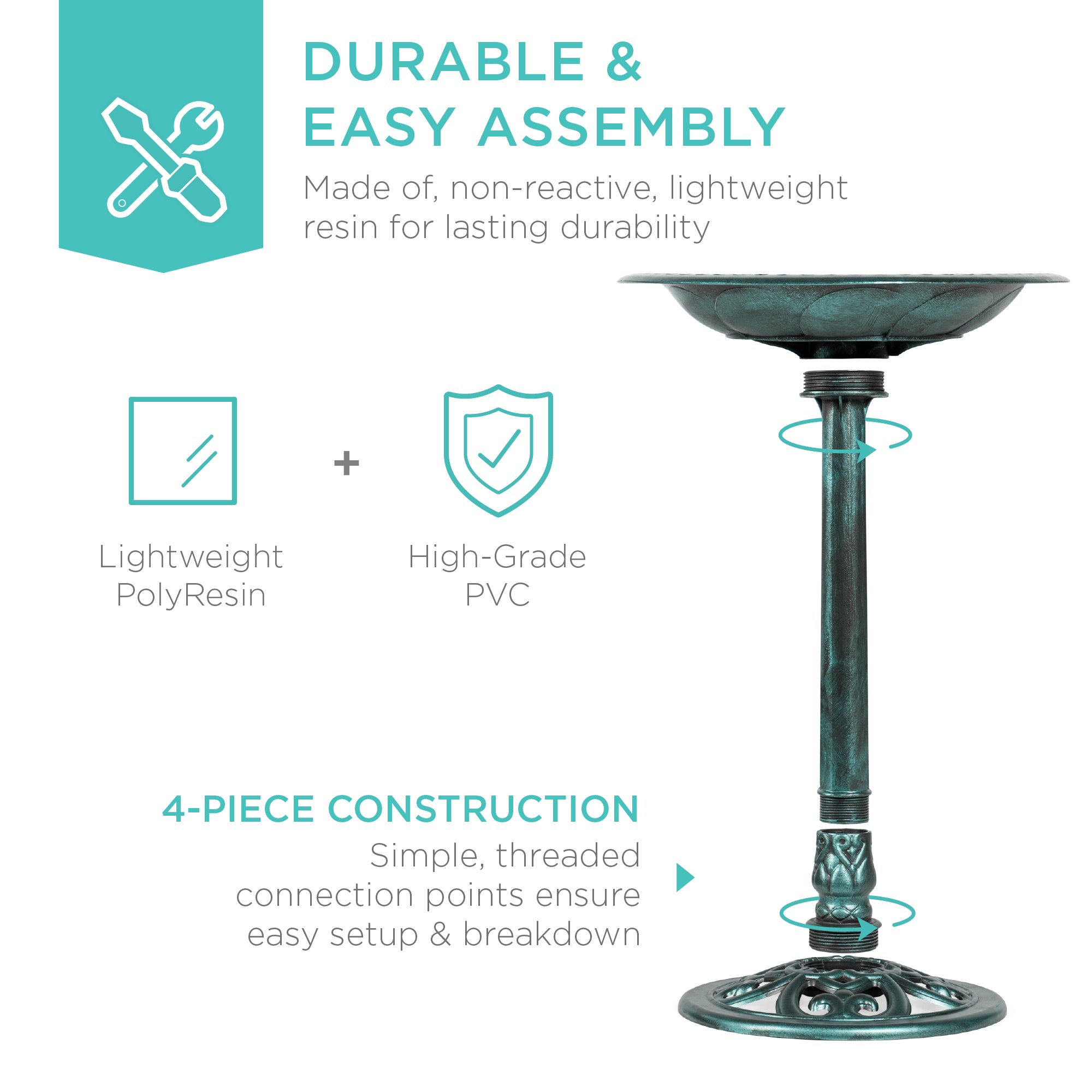 Outdoor Rustic Pedestal Bird Bath Accent for Garden, Yard w/ Fleur-de-Lis Accents Green