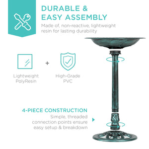 Outdoor Rustic Pedestal Bird Bath Accent for Garden, Yard w/ Fleur-de-Lis Accents Green