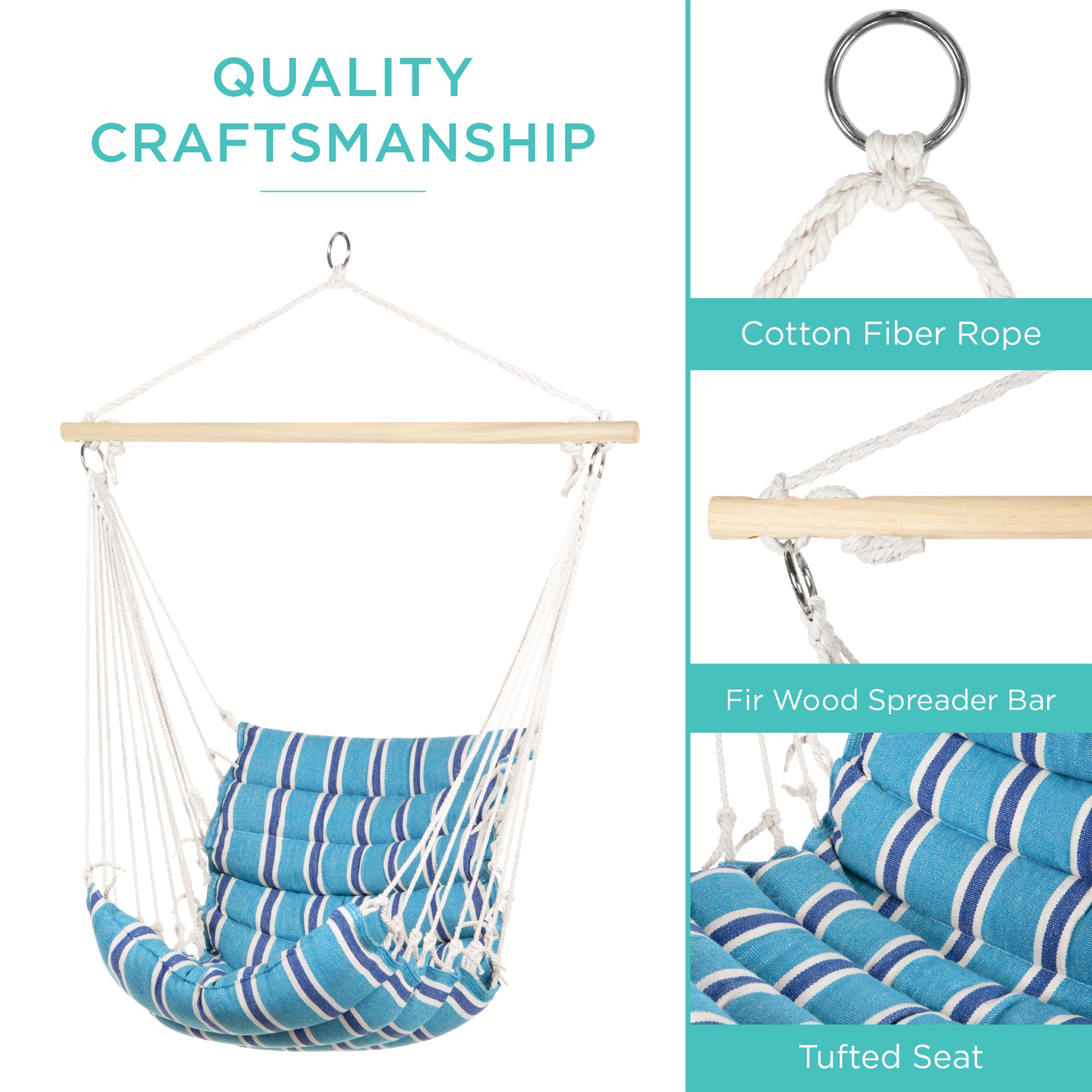 Indoor Outdoor Padded Cotton Hammock Hanging Chair w/ 40in Spreader Bar - Blue