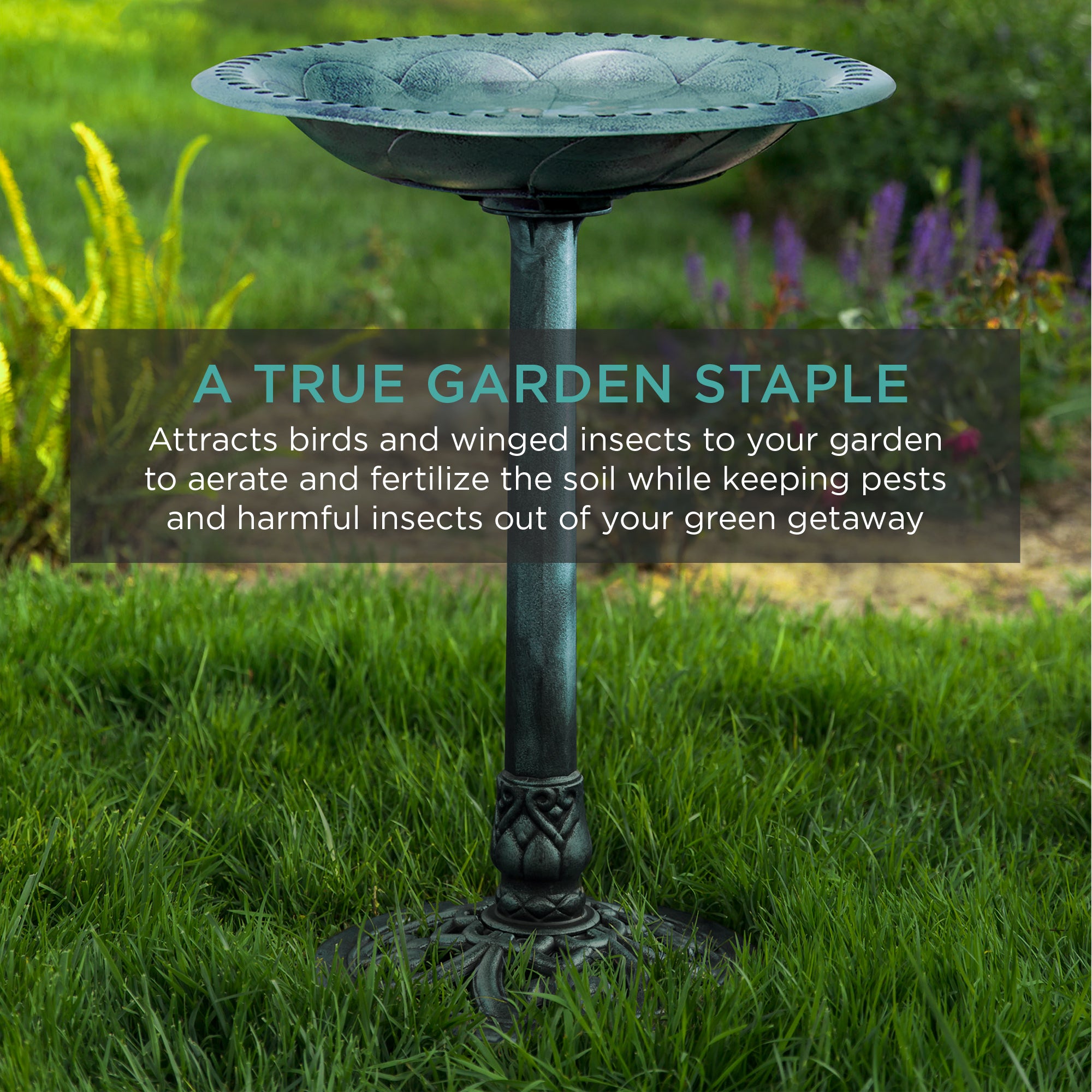 Outdoor Rustic Pedestal Bird Bath Accent for Garden, Yard w/ Fleur-de-Lis Accents Green