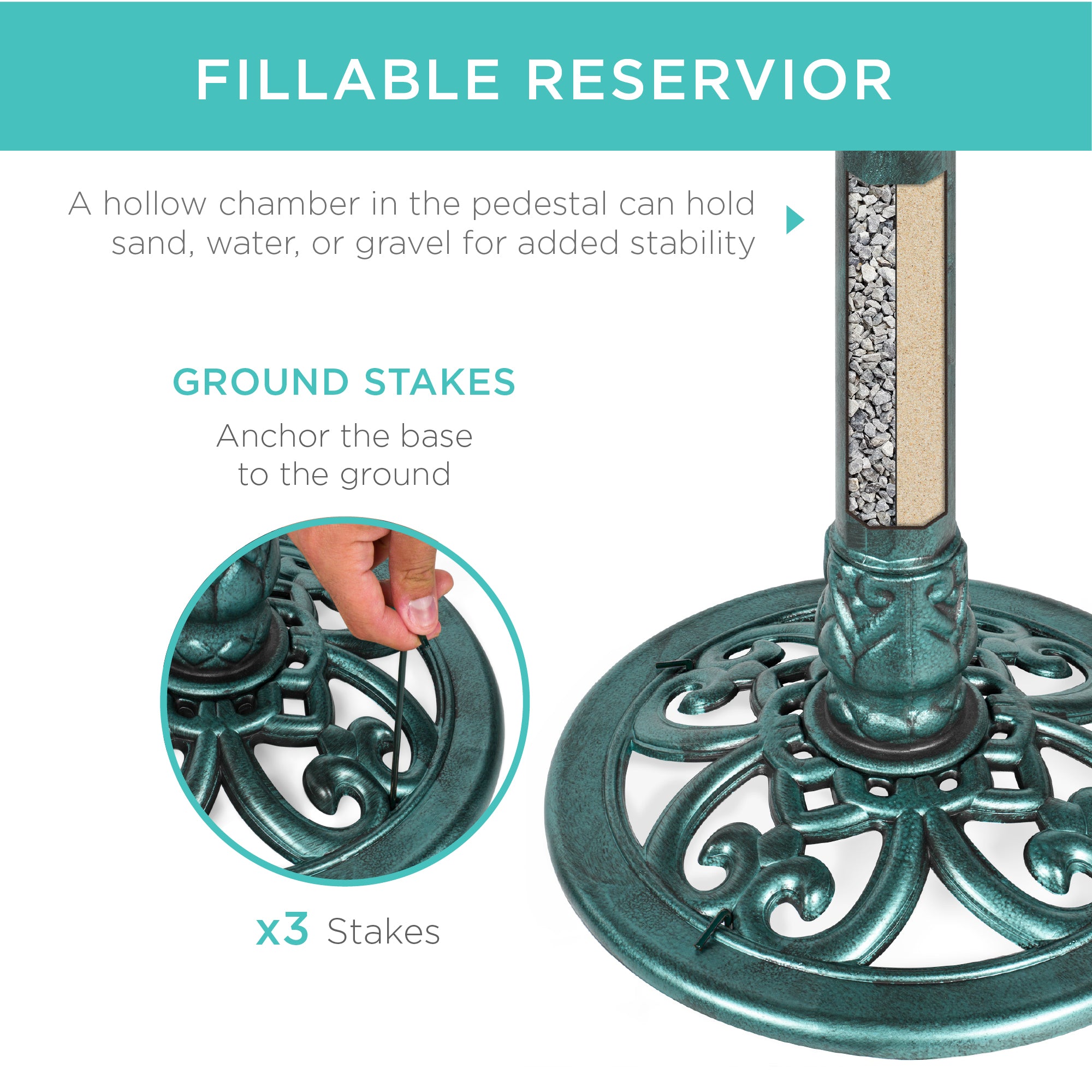 Outdoor Rustic Pedestal Bird Bath Accent for Garden, Yard w/ Fleur-de-Lis Accents Green