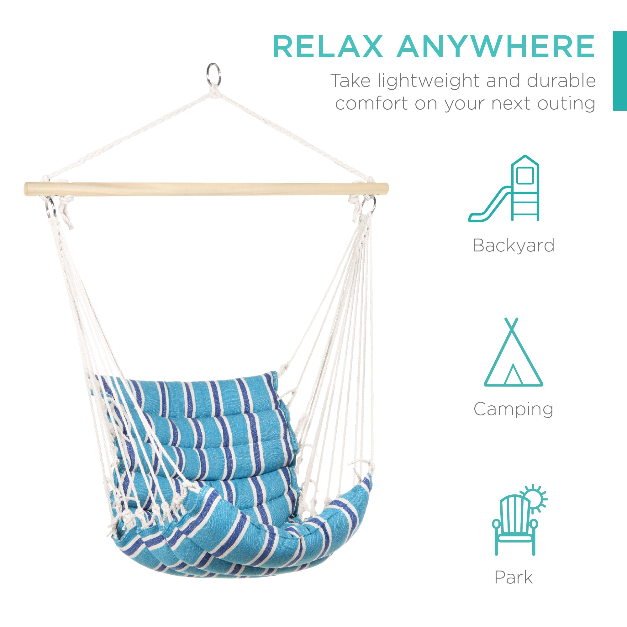 Indoor Outdoor Padded Cotton Hammock Hanging Chair w/ 40in Spreader Bar - Blue