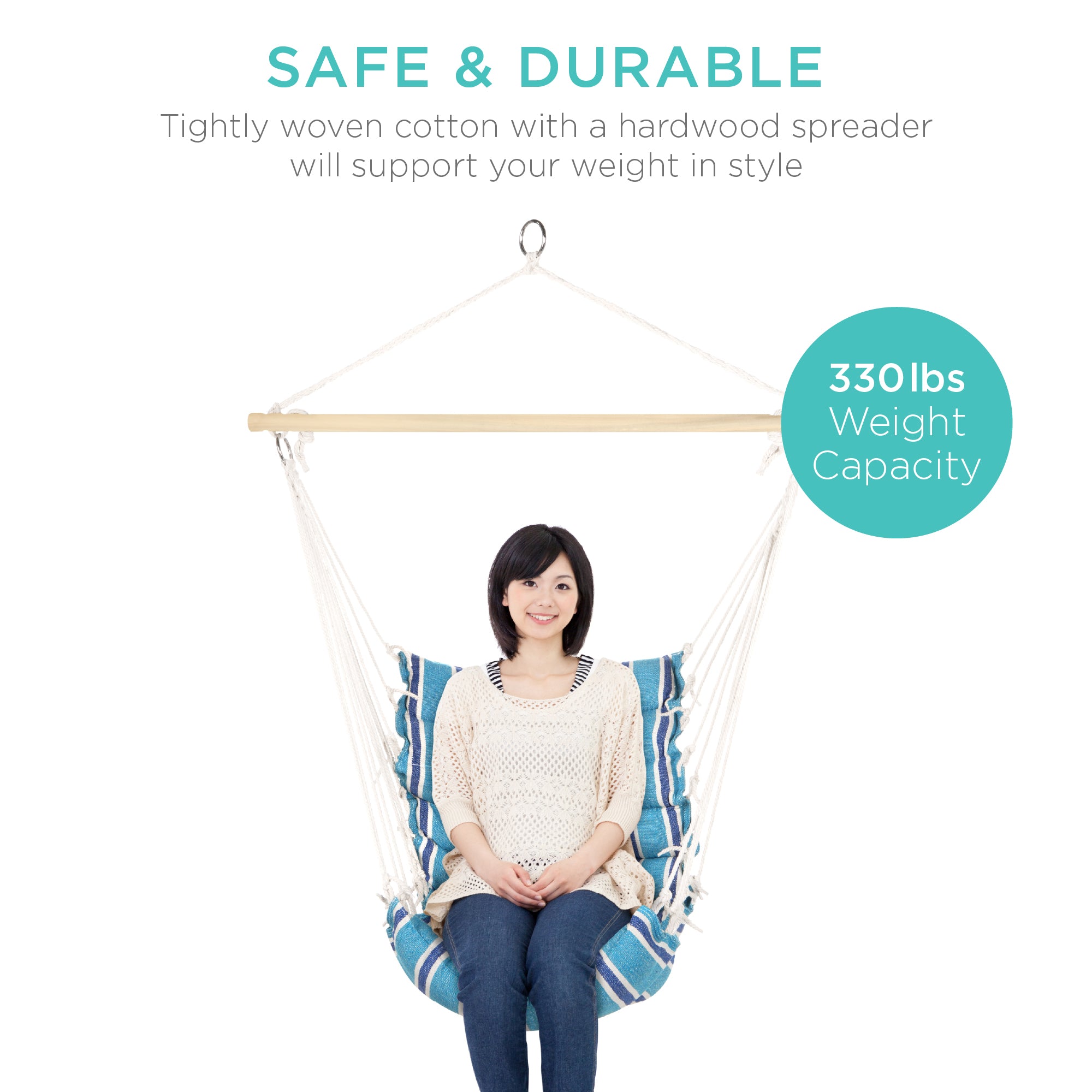 Indoor Outdoor Padded Cotton Hammock Hanging Chair w/ 40in Spreader Bar - Blue