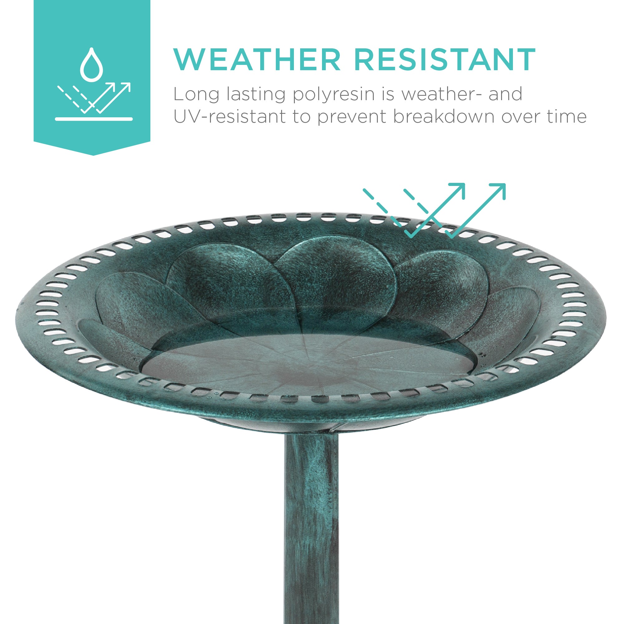 Outdoor Rustic Pedestal Bird Bath Accent for Garden, Yard w/ Fleur-de-Lis Accents Green