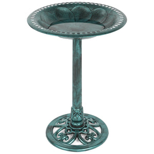 Outdoor Rustic Pedestal Bird Bath Accent for Garden, Yard w/ Fleur-de-Lis Accents Green