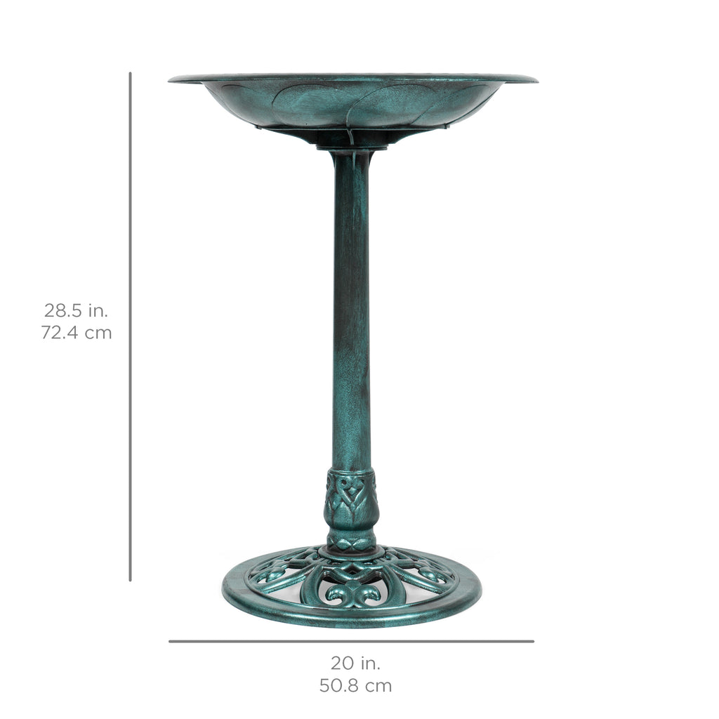 Outdoor Rustic Pedestal Bird Bath Accent for Garden, Yard w/ Fleur-de-Lis Accents Green