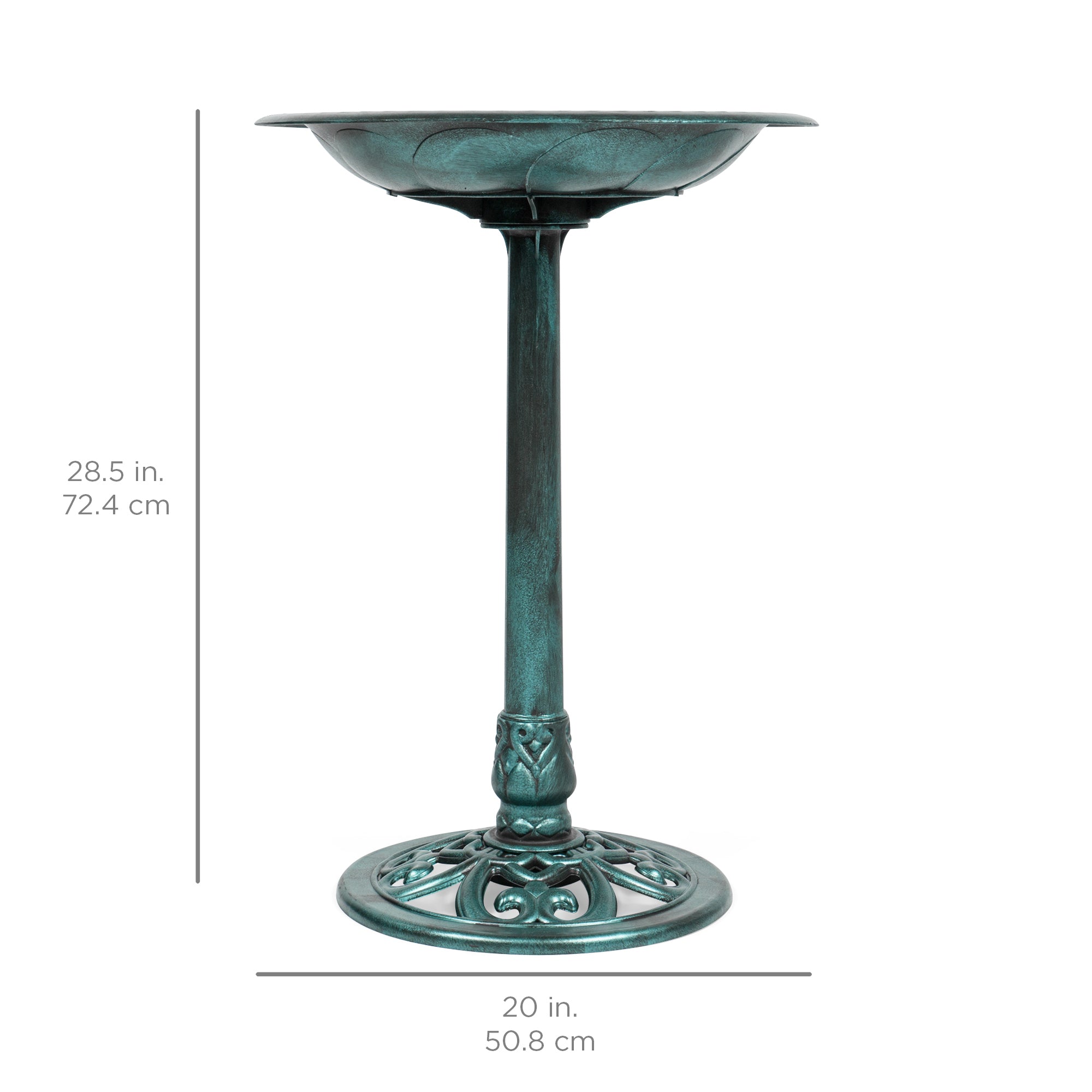 Outdoor Rustic Pedestal Bird Bath Accent for Garden, Yard w/ Fleur-de-Lis Accents Green