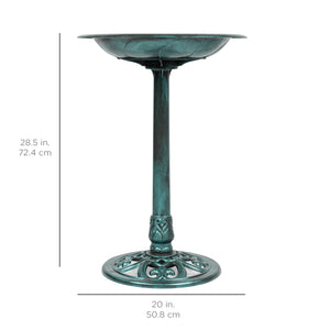 Outdoor Rustic Pedestal Bird Bath Accent for Garden, Yard w/ Fleur-de-Lis Accents Green